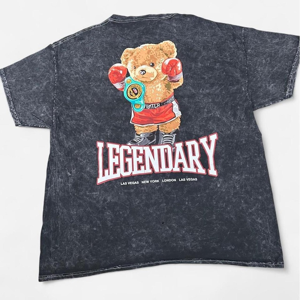 Fashion Nova Men Legendary Boxing Bear Acid Wash Graphic T-Shirt XXL Black